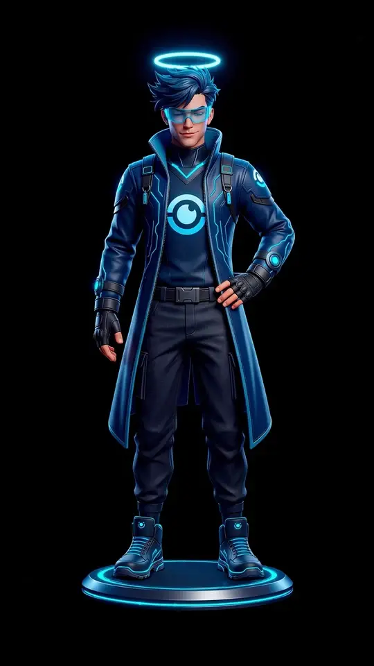 Zion, personagem de cabelo azul e sobretudo tecnológico, sobre uma plataforma iluminada